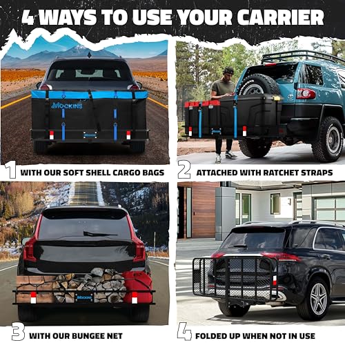 Mockins 60x20x6 Heavy-Duty Trailer Hitch Cargo Carrier 500lb Cap & 16 CuFt Soft Shell Waterproof Luggage Cargo Bag |Folding Hitch Cargo Carrier w/Net