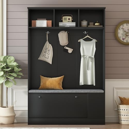 3-in-1 Design, Hall Tree with 6 Hooks, Hanger, Storage Bench, 39.4Inch Coat and Shoe Rack for Entrance, Hallway, Entryway, Living Room, 47.2'', White