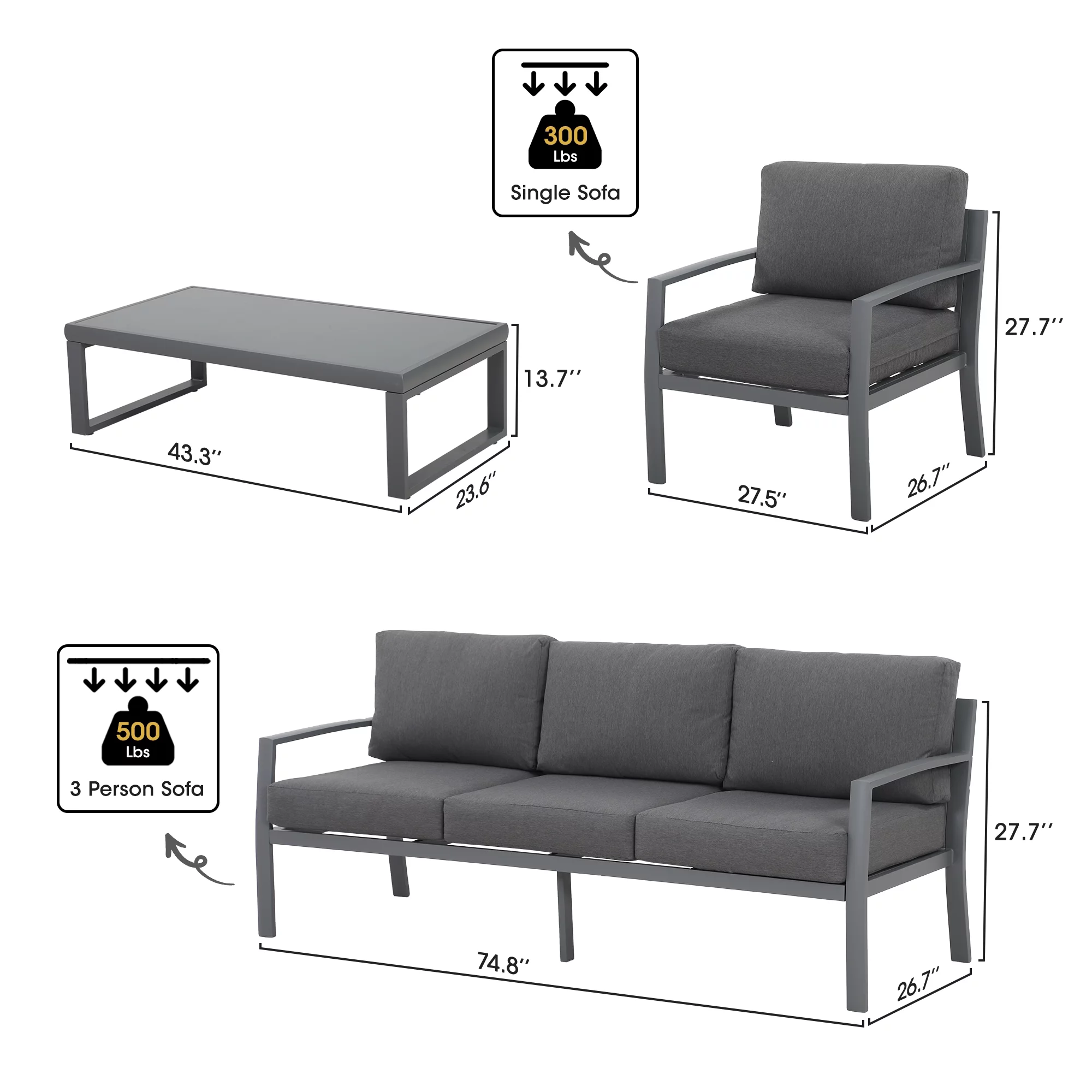 Superjoe Metal Patio Outdoor Furniture Set, 4 Piece Outdoor Deep Seating Conversation Sets with Tempered Glass Top Coffee Table