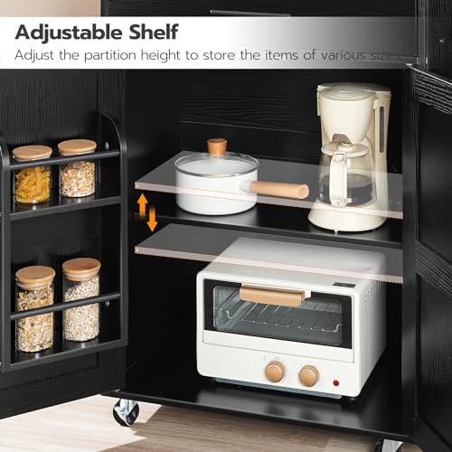 HOOBRO Kitchen Island with Power Outlet, Kitchen Island Storage Island with Large Worktop, Spice Rack and Drawer, Rolling Kitchen Cart on Wheels