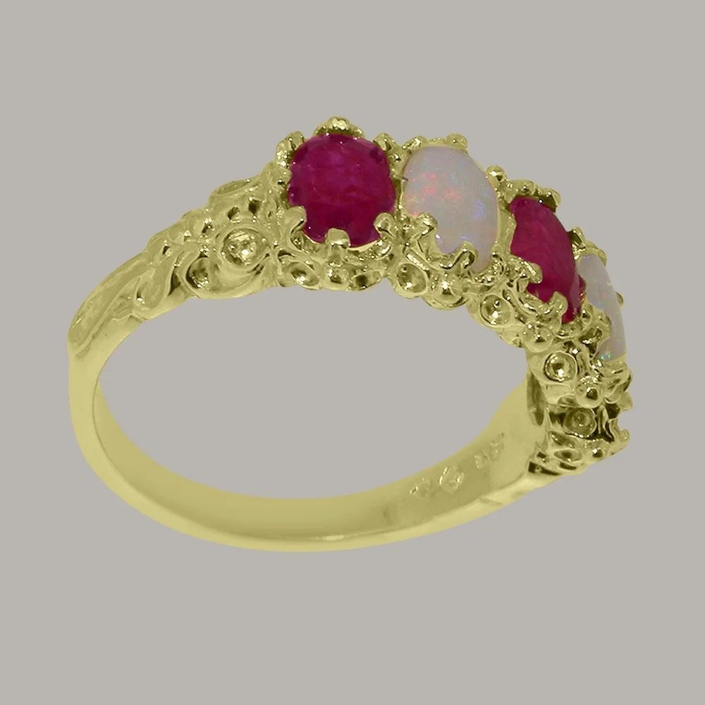 LBG British Made 10k Yellow Gold Natural Ruby & Opal Womens Eternity Ring - 33 size options - Size 10