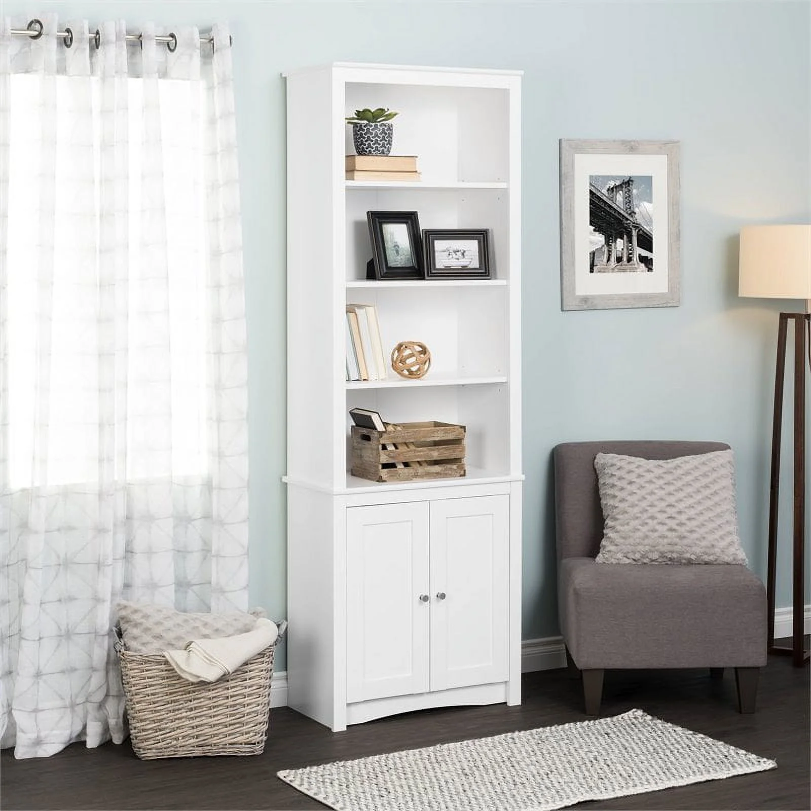 Prepac Tall 6 Shelf Bookcase with 2 Shaker Doors, White