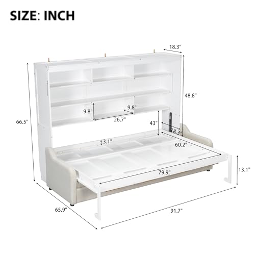 Queen Size Murphy Bed with Sofa, Shelves, USB & Light, Can be Folded Wall Bed and Tall Cabinet with Glass Doors& Wine Rack