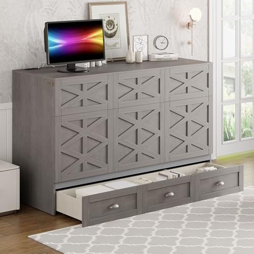 Harper & Bright Designs Full Size Murphy Bed Wall Bed, Solid Pine Murphy Bed Chest Cube Cabinet Bed with USB