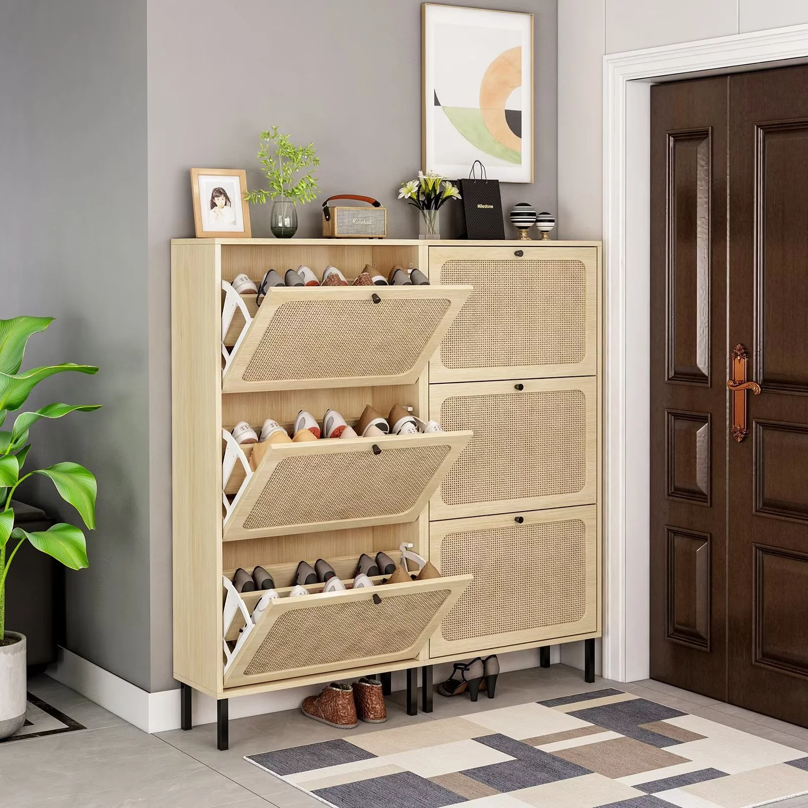 Lecut Rattan Shoe Cabinet 3 Flip Drawer Shoe Cabinet Organizer with Adjustable Shelves Freestanding Wooden Shoe Rack Storage Cabinet With Metal Legs
