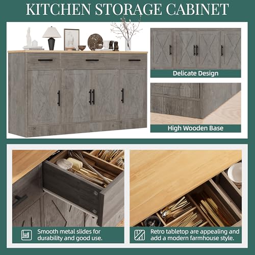 Shintenchi Buffet Cabinet with Storage,53.4" Large Kitchen Storage Cabinet with 3 Drawers and 4 Doors