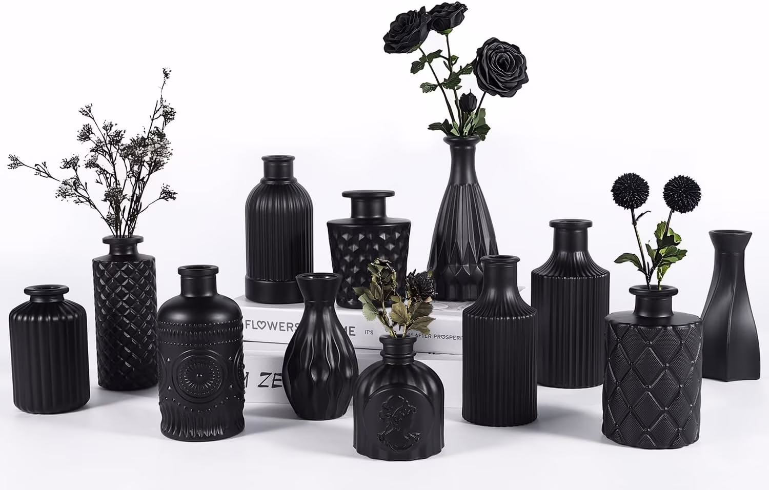 Mini Vintage Glass Bud Vases, Rustic Theme, Green &amp; Black, Set of 12