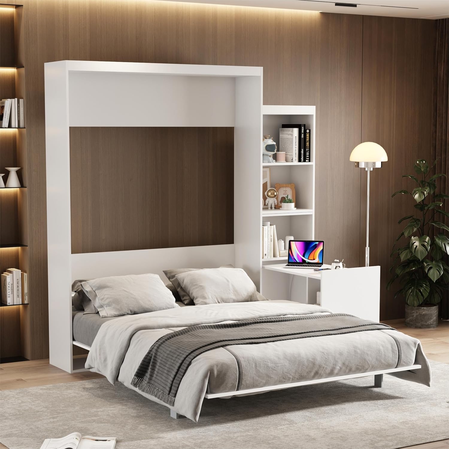 Queen Size Vertical Murphy Bed with Desk, Shelf and Drawers, Modern Folding Hidden Bed Gas Struts, Wall Bed for Bedroom or Guestroom, White