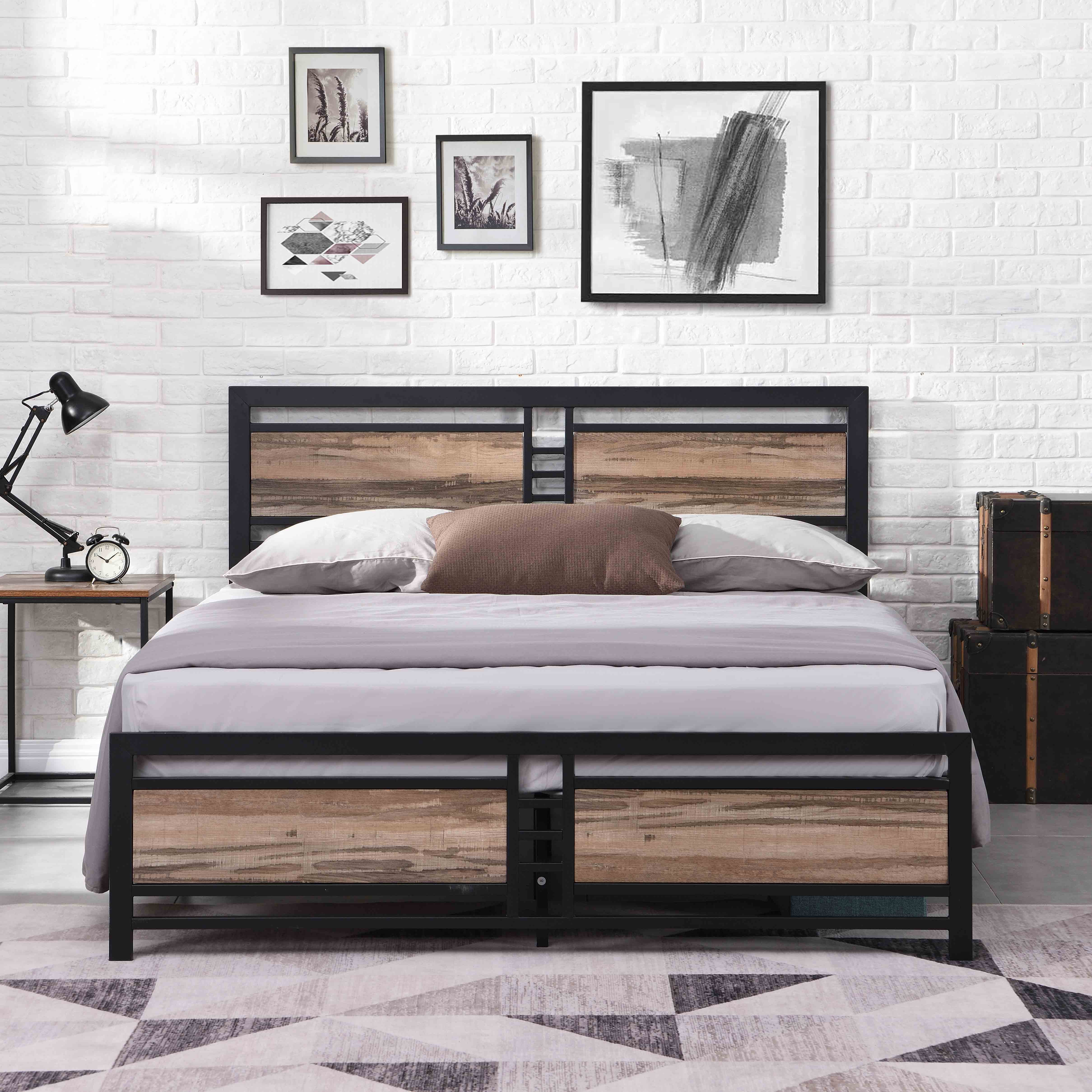 Queen Size Metal Platform Bed Frame with Wood Headboard and Footboard, Heavy Duty Mattress Foundation with Slat Support, Easy to Assemble
