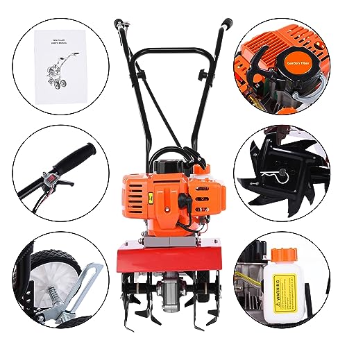 Rototiller Gas Powered 2 Stroke with 1.2L Fuel Tank, 52cc 9000RPM Tiller Cultivator with 7.8-Inch Width, 6-Inch Depth Work