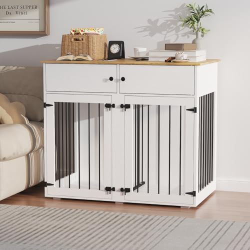Dog Crate Furniture for 2 Dogs, 41 Inch Double Dog Cage with Removable Divider, Wooden Dog Cage, Dog Kennel Indoor with 2 Doors for Medium/Small Dogs
