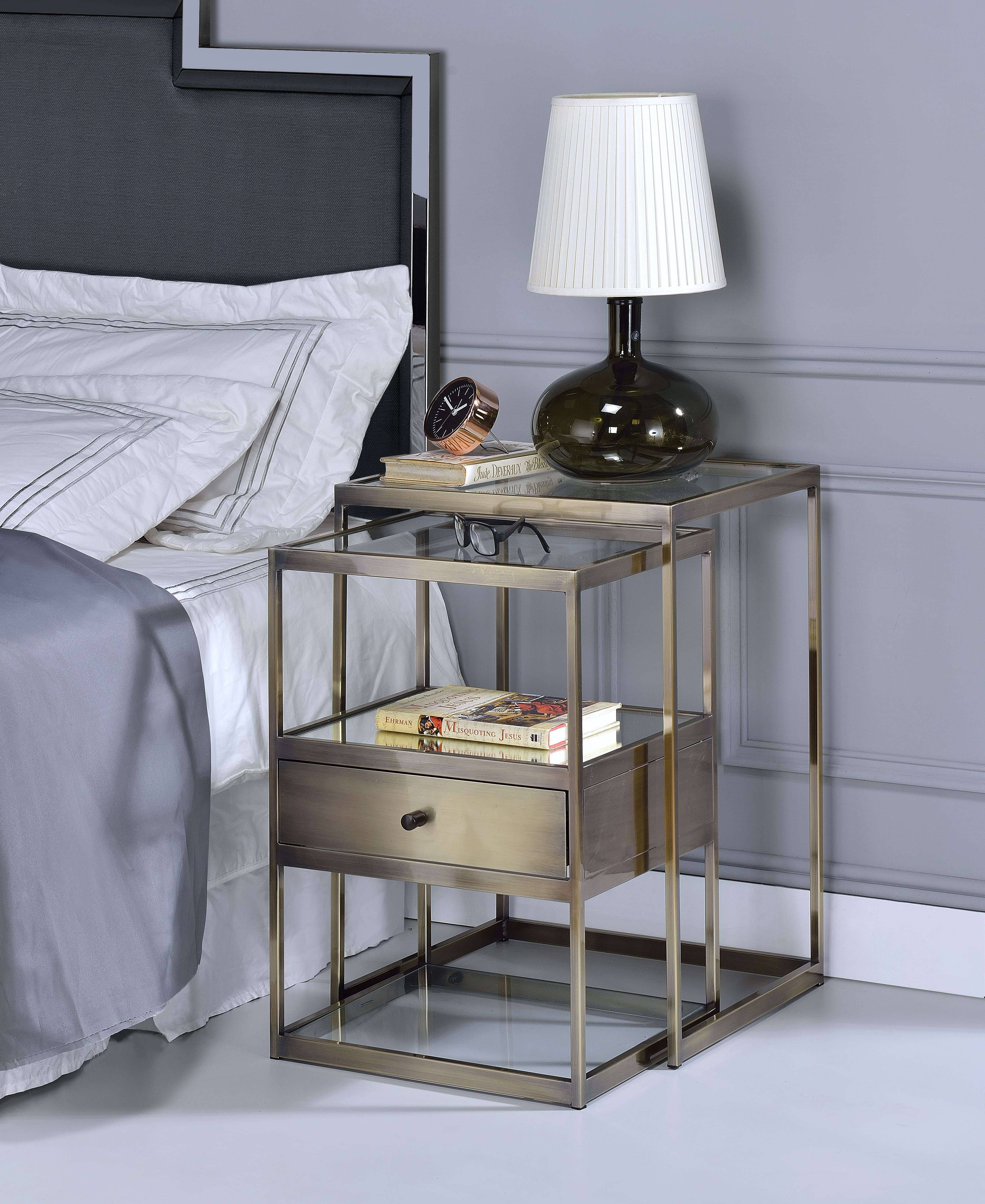 Acme Enca 2 Piece Nesting Tables Set Antique Brass u0026 Clear Glass