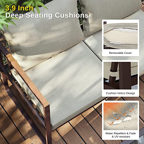 EAST OAK Courtyard Patio Furniture Set, 4-Piece Outdoor Patio Set with Sofa, Removable & Washable Deep Seating Cushion, Tempered Glass Table