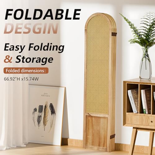 5.9 Ft Tall Hand-Woven Rattan Room Divider 3 Panels, Wood Room Divider Panel, Folding Screen Divider Wall, Wall Divider for Room Separation
