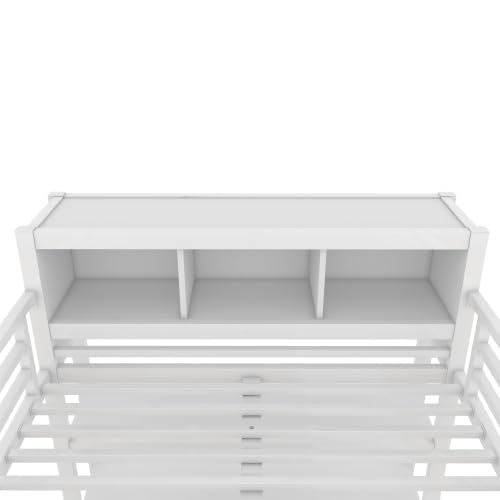 Metal Loft Bed with Wardrobe and L-Shaped Desk, Full Size Loft Bed with Storage Cubes and Shelves, Heavy Duty Loft Bed for Kids Teens, White