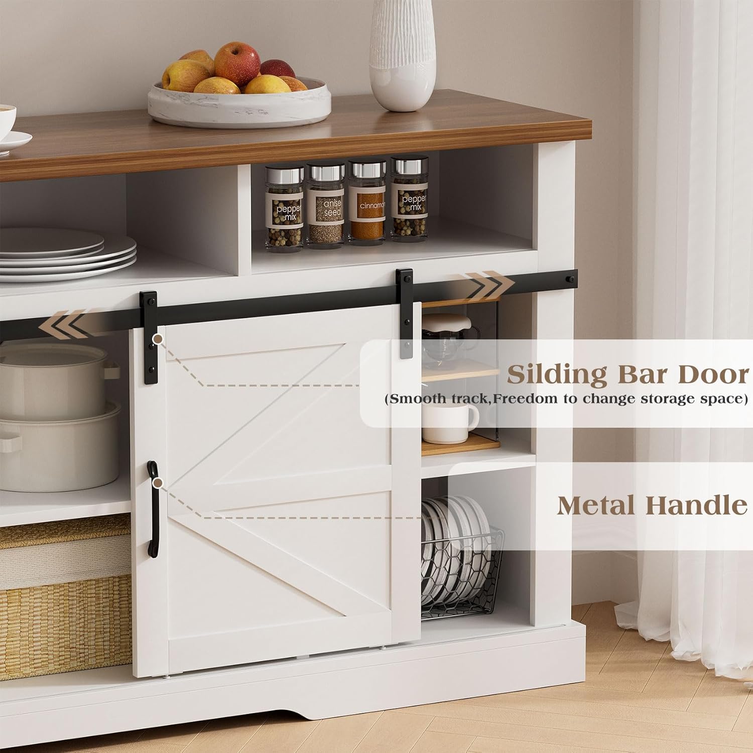 Farmhouse Coffee Bar, 58”Coffee Bar Cabinet with Sliding Barn Door and Adjustable Shelf, Kitchen Buffet Cabinet with Storage for Kitchen, Dining Room