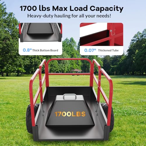 Heavy Duty ATV Trailer Dump Car, Utility Steel Yard Trailer, 1700-Pound Capacity Garden Dump Carts, Hand Pull or Foot Pedal Dump Cart for ATV, UTV