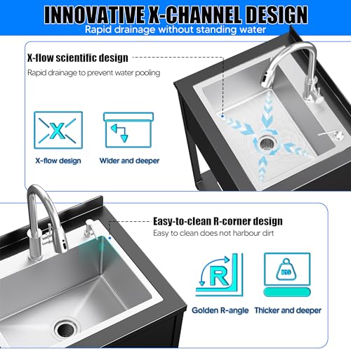 Stainless Steel Utility Sink, 36.6" × 24.2" × 36.6"Freestanding Sink with Cold and Hot Water Faucet,Hoses and Drain Kit for Kitchens, Bathrooms