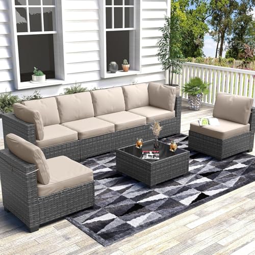 6 Piece Outdoor Patio Furniture Set with Coffee Table, Rattan Deck Conversation Sofa Set