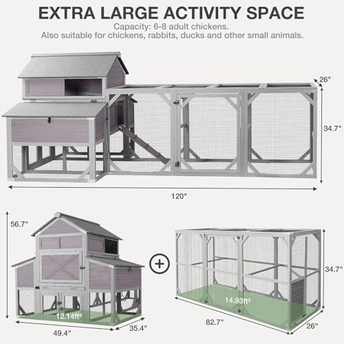 Large Chicken Coop with Run - Outdoor Chicken House for 6-8 Chickens with Six Nesting Box, Five Perches, Leakproof Pull-on Tray