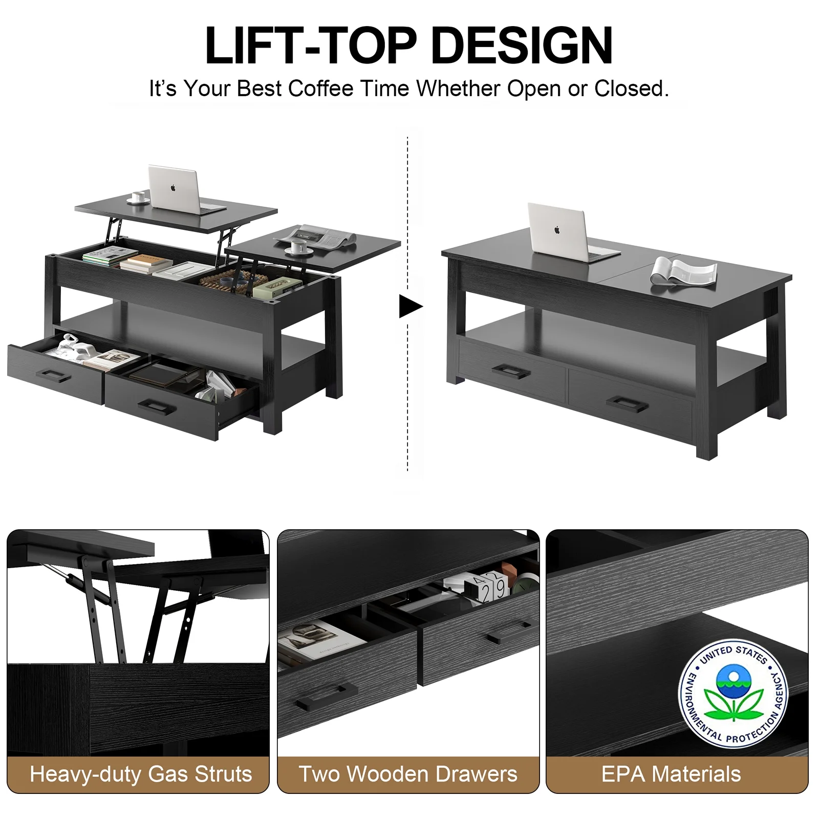 GUNAITO 47.2''Lift Top Coffee Table with Storage,2 Way Lift Coffee Table with 2 Drawers Modern Center Table for Living Room,Black