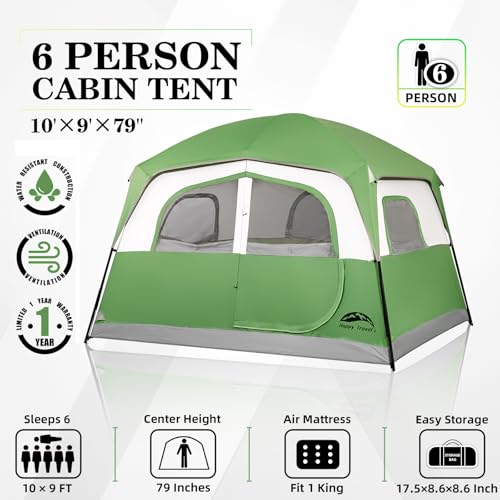 Happy Travel Tent 6 Person Tents for Camping, Waterproof Easy Setup Camping Tent with Rainfly