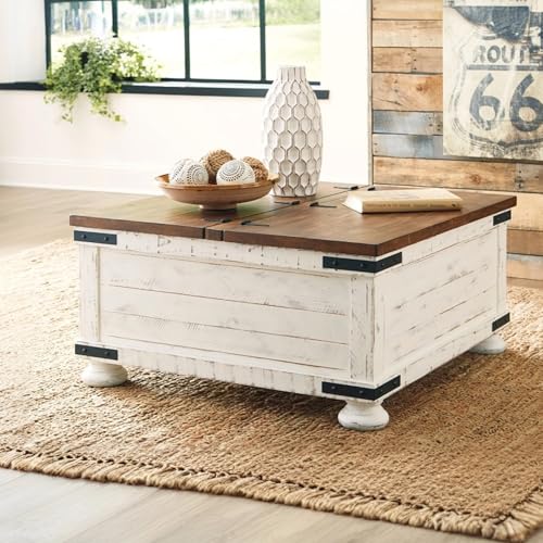 Signature Design by Ashley Valebeck Farmhouse Lift Top Coffee Table with Storage, Distressed Brown & Black Finish