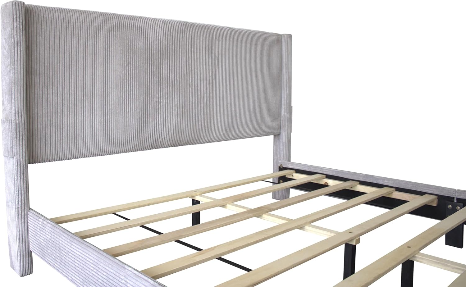 Queen Size Bedroom Platform Bed Frame with Corduroy Velvet Headboard and Drawer Storage