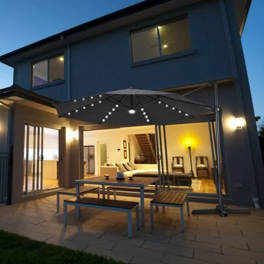 10 ft Patio Offset Cantilever Umbrella with Solar Lights-Gray