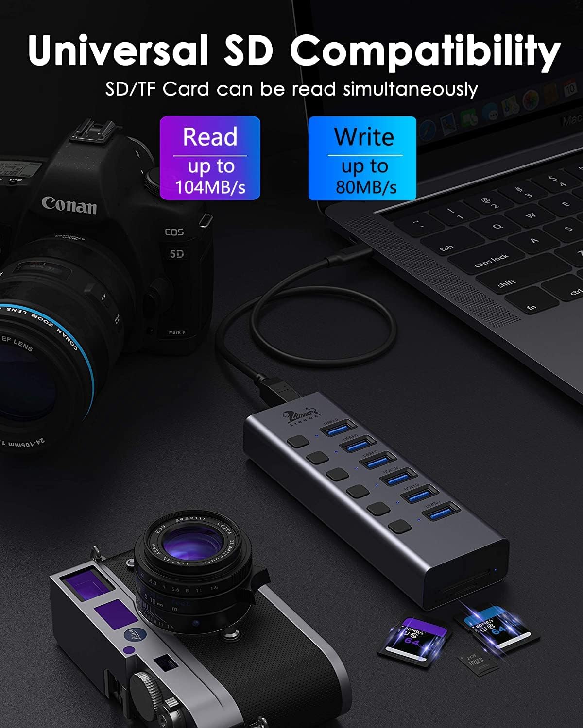 Universal 8-Port Powered USB 3.0/USB C Hub, Aluminum USB Splitter with 6 USB 3.0 Data Ports, SD/TF Card Readers, On/Off Power Switches, AC Adapter