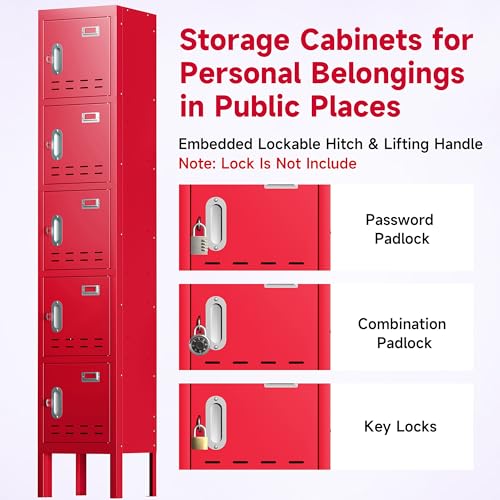 Locker Metal Storage Cabinet, Steel Office Storage Lockable Lockers for Employees Kids School Gym Home Garage Locker with Mirror & Hooks (5 Doors
