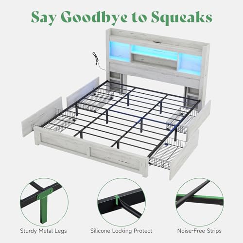 AMERLIFE Queen Bed Frame with 4 Storage Drawers, LED Platform Bed with 49" Bookcase Headboard