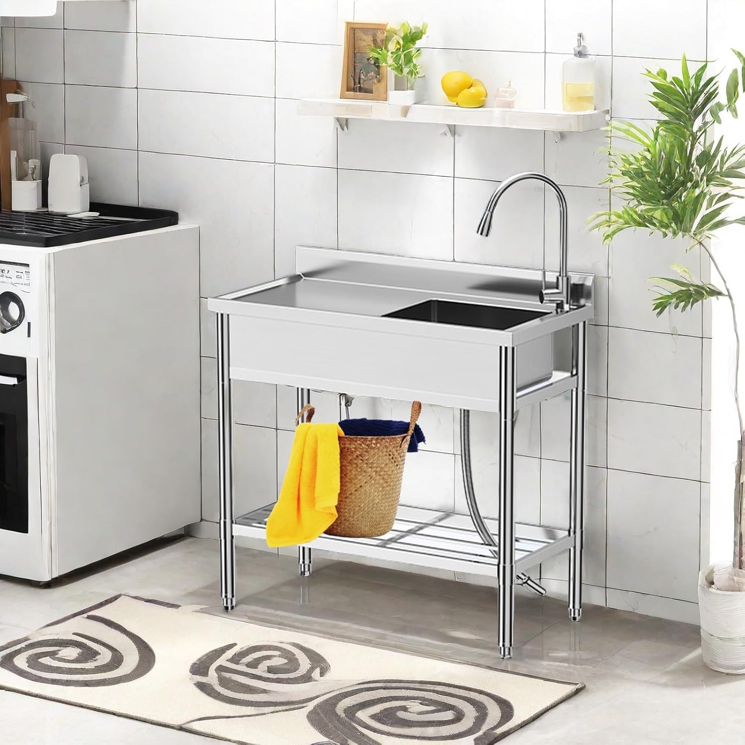 GAOMON Stainless Steel Utility Sink, Free Standing Commercial Kitchen Sink Set w/Workbench Storage Shelf & Hot/Cold Faucet