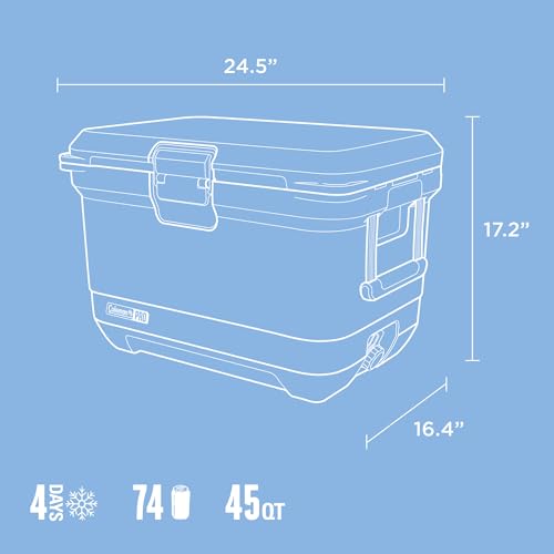 Coleman Pro Heavy-Duty 45qt Ultra-Light Premium Hard Cooler, Extra-Thick Insulation Keeps Ice up to 4 Days, 74-Can Capacity