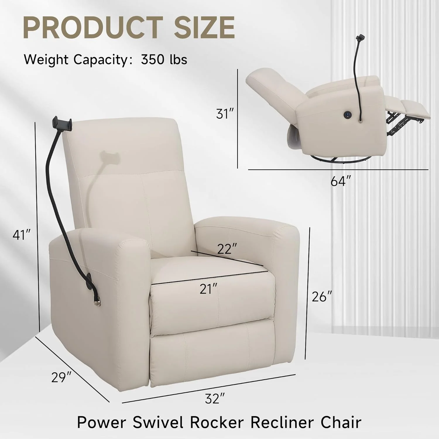 Alwalue Swivel Rocking Chair Power Recliner Chair with USB Port Side Pocket and Phone Holder Rocker Glider for Nursery Living Room - Creamy White