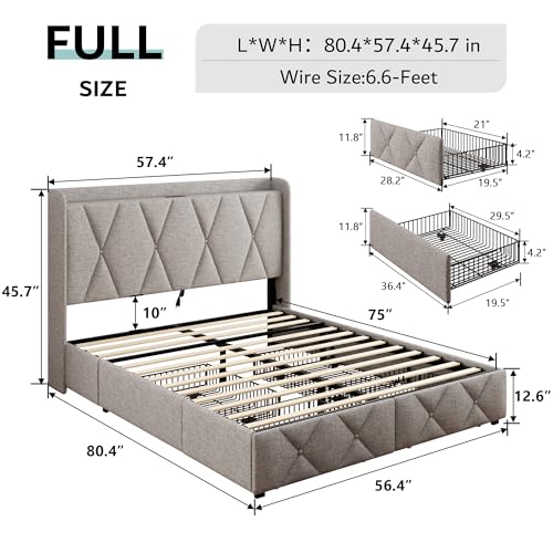 iPormis Queen Bed Frame with 4 Storage Drawers, Upholstered Platform Bed Frame with Charging Station, Modern Wingback Storage Headboard