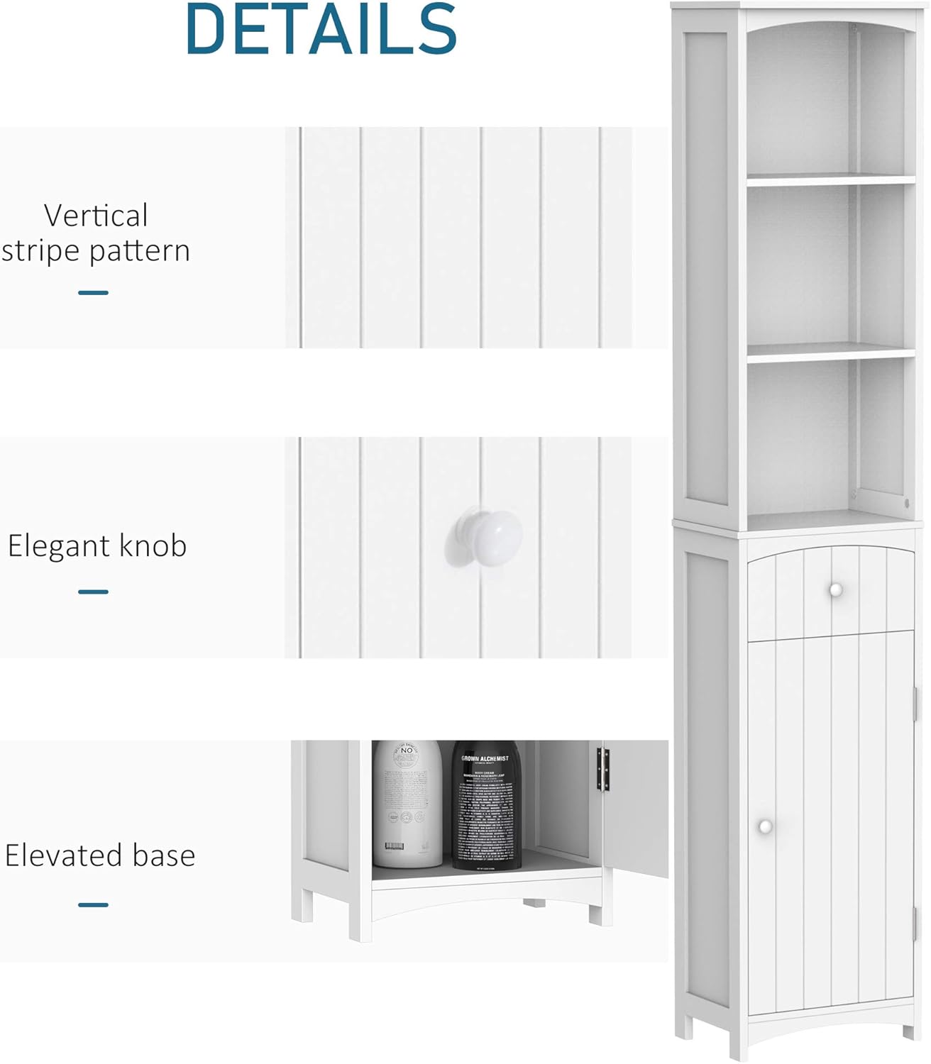 HOMCOM 67 Tall Bathroom Storage Cabinet, Freestanding Linen Tower with 3-Tier Shelf, Drawer and Cupboard, Narrow Side Floor Organizer, White