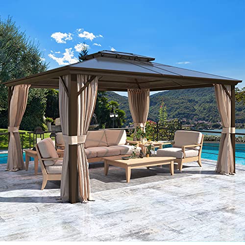 MELLCOM 10'x13' Hardtop Gazebo with Polycarbonate Double Roof, Aluminum Frame Outdoor Gazebo Permanent Pavilion with Curtains and Netting for Patio