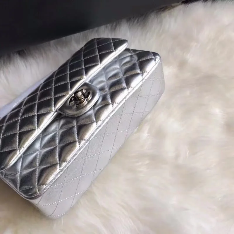 Chanel 1112 Silver Medium Size 2.55 Lambskin Leather Flap Bag