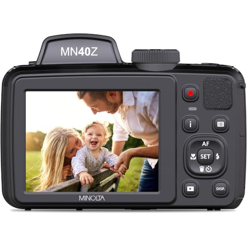 MINOLTA MN40Z 20 Mega Pixels 40x Optical Zoom Digital Camera with 1080p FHD Video (Purple) Bundle with 64GB Memory Card + Vlog Tripod + 4xAA Battery
