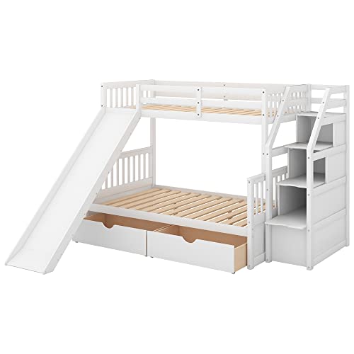 SOFTSEA Twin Over Full Bunk Bed with Slide, Solid Wood Bunk Beds with Stairs for Kids