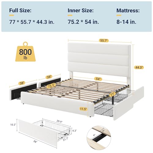 Allewie Modern Full Size Platform Bed Frame with 4 Storage Drawers and Velvet Upholstered Headboard, Wooden Slats Support