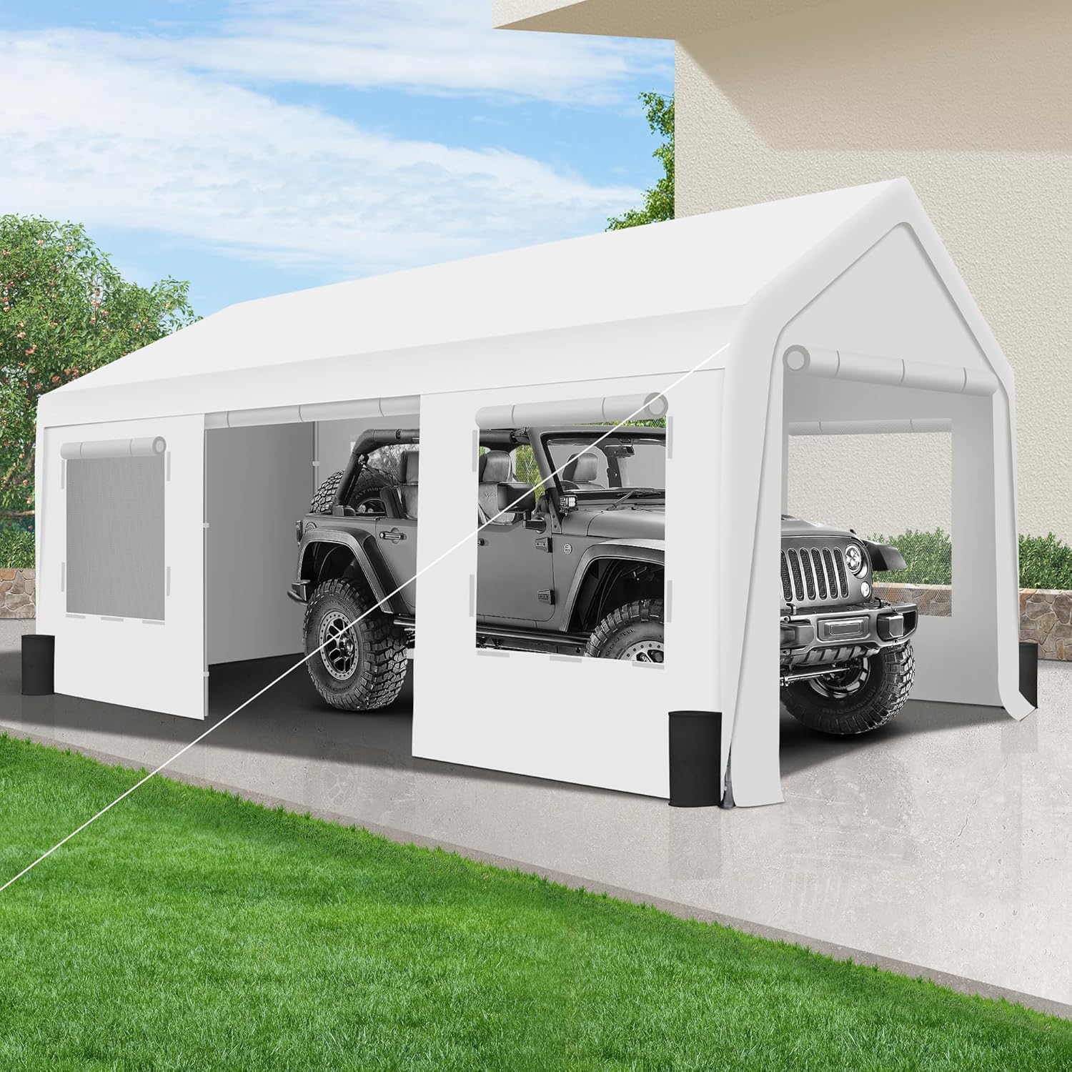 Upgrade 10' x 20' Heavy Duty Carport - Extra Large Outdoor Shelter with Roll-up Ventilated Windows & Side Doors
