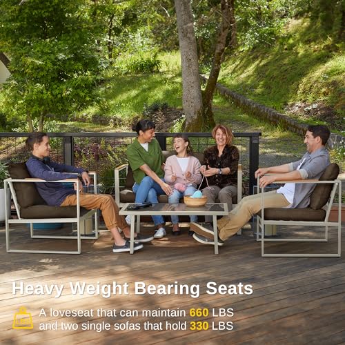 EAST OAK Courtyard Patio Furniture Set, 4-Piece Outdoor Patio Set with Sofa, Removable & Washable Deep Seating Cushion, Tempered Glass Table