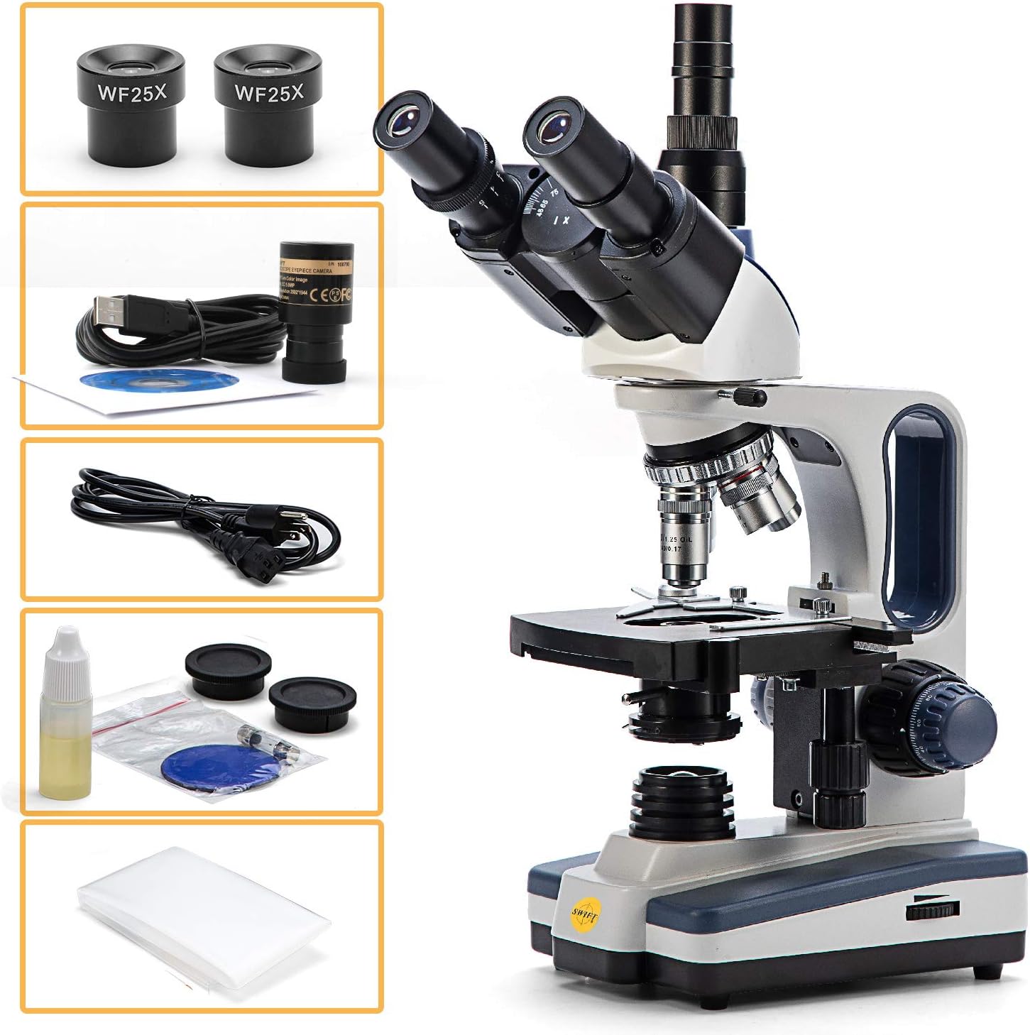 Swift Trinocular Compound Microscope SW350T,40X-2500X Magnification,Siedentopf Head,Research-Grade,Two-Layer Mechanical Stage