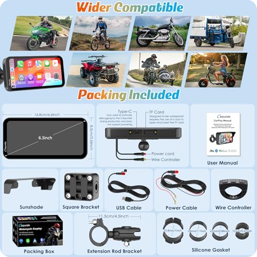 Carpuride W603 Motorcycle Carplay Screen, Wireless CarPlay & Android Auto for Moto, Remote Control，6.3" Waterproof Touchscreen, BT Trans