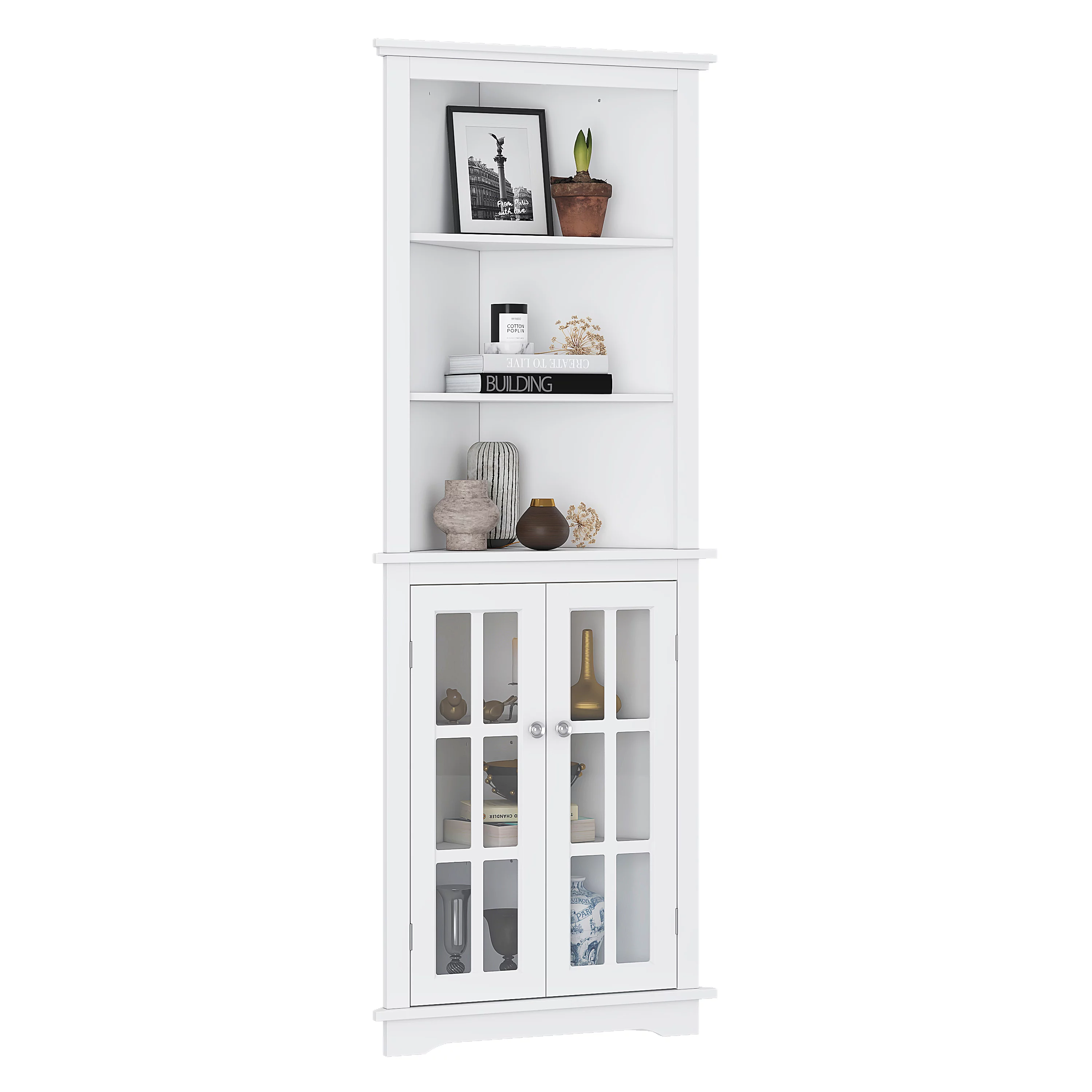 Spirich Home Bathroom Tall Corner Storage Cabinet, Floor Slim Display Storage Cabinet with Glass Doors and Adjustable Shelves for Bathroom, Kitchen