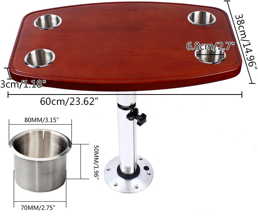 Boat Table, Varnished Removable Marine Table with 4 Cup Holders and Pedestal Base Mount Height Adjustable for Caravan RV Marine Boat