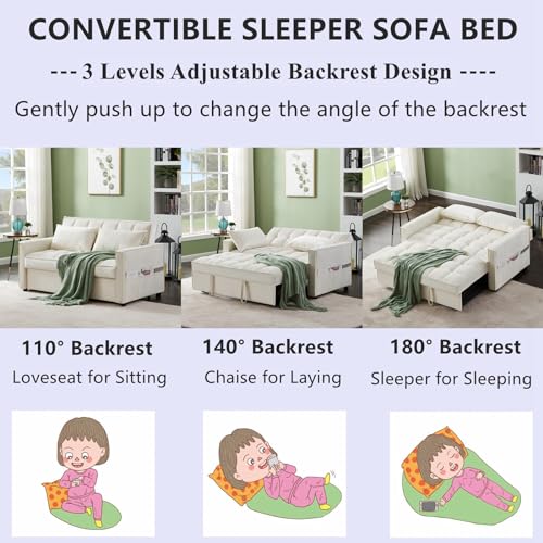 Convertible Sofa Bed, 3 in 1 Velvet Sleeper Loveseat with Pull Out Bed, Adjustable Backrest, 2 Pillows and 2 Foldable Side Table