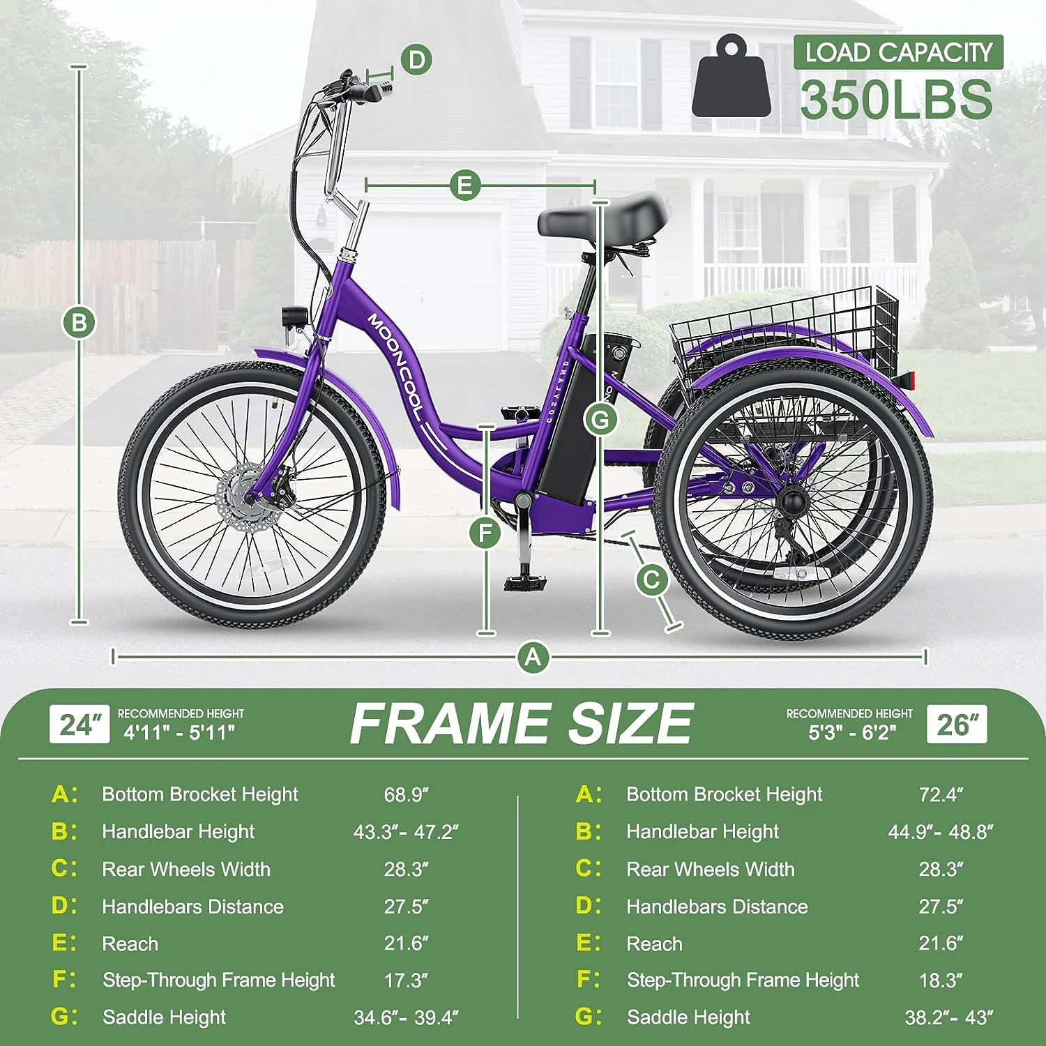 Mooncool 24 26 3 Wheel Electric Tricycle for Adults